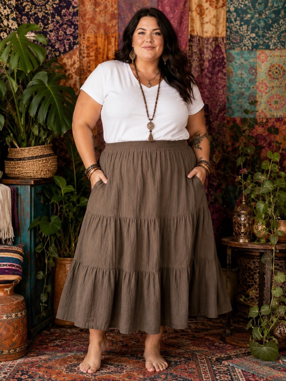 Chaps 100% Cotton Plus-Size 2x: Tiered Maxi Skirt in Olive – Elastic Waist